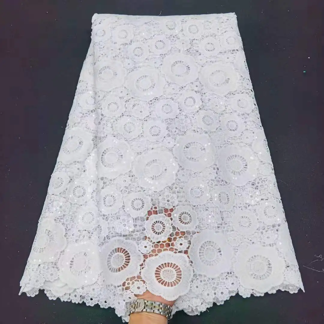 

High quality cord lace sequins water soluble white guipure lace chemical, Can be customized