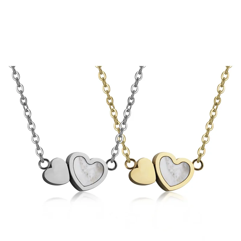 

High Quality Stainless Steel Jewelry Double Peach Heart Factory Wholesale Retail Necklace Pendant With White Shell Necklace, Gold rose gold silver