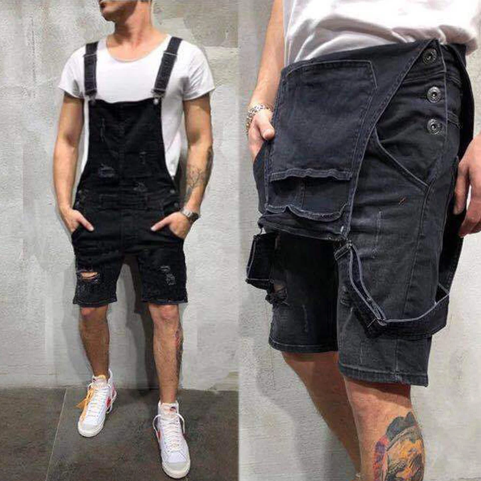 

Men's Jeans Men 2020 Fashion Distressed Ripped Denim Short Jumpsuits Man Summer Casual Black and Blue Jean Jumpsuit