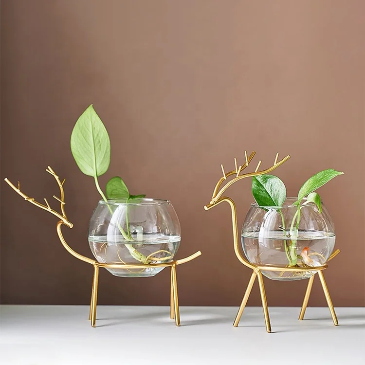 

New Creative Deer Green Dill Wave Glass Plant Holder Home Vase Decoration Minimalist Living Room Dining Table Aquatic Plants, Gold