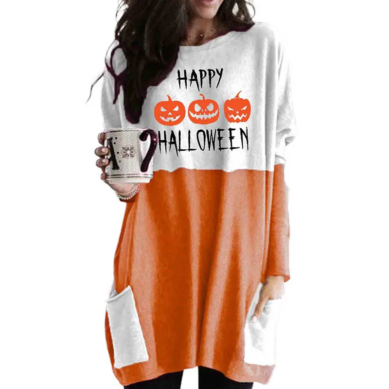 

2021 New Style Pullover Cartoon Sweatshirt Contrast Color Crew Neck Halloween Sweatshirts Dress Women, 5 colors