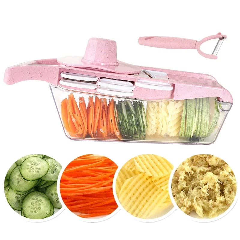 

AA605 Mandoline Vegetable Fruit Slicer Cutter Drain Basket Kitchen Tool 6 Blades Multifunctional Potato Peeler Carrot Grater, Pink
