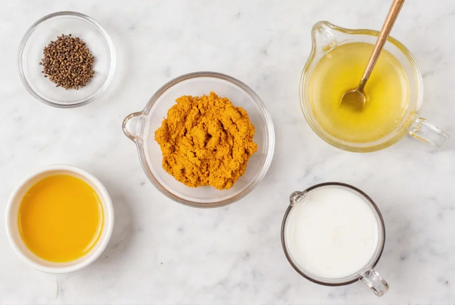 Turmeric golden milk recipe ingredients including turmeric, black pepper, coconut milk, and honey