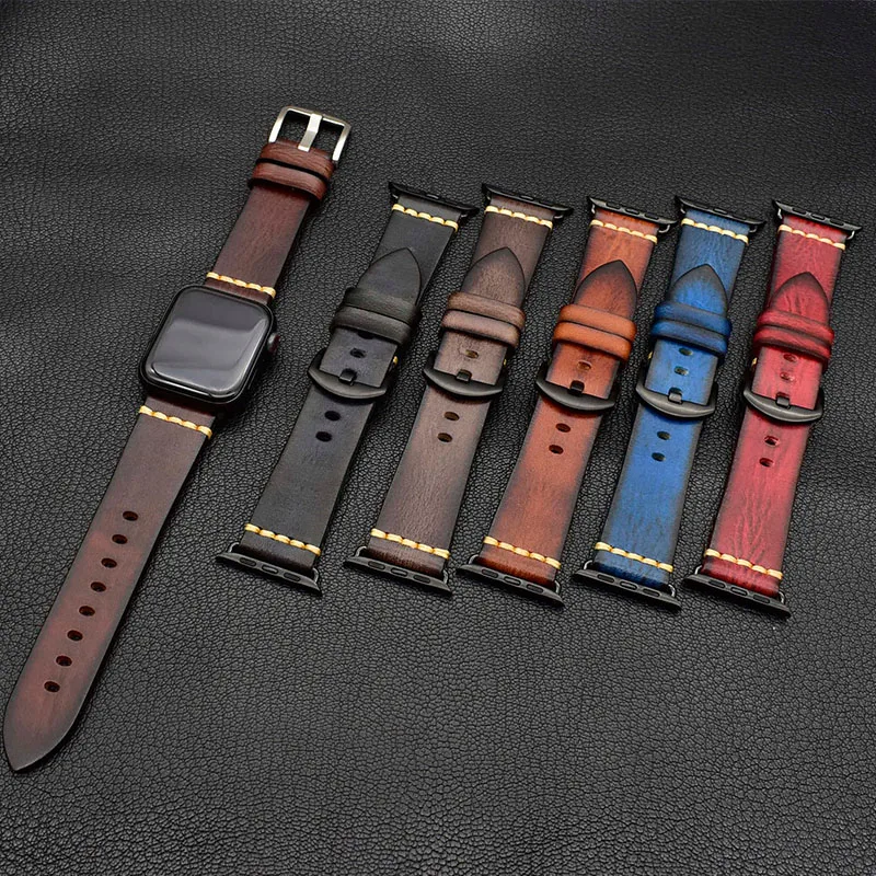 

For i watch strap apple 38mm 44mm Genuine Leather Strap Replacement Band with Stainless Metal Clasp for Men Women Christmas Gift, Royal blue/dark coffee/yellow brown/elephant grey/red/green/black