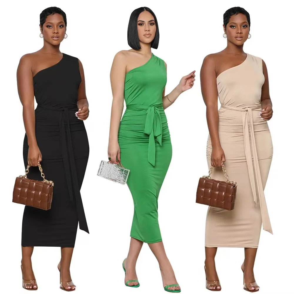 

J&H summer hot sale bodycon maxi dress women one shoulder sleeveless elegance party gowns wholesale casual dresses