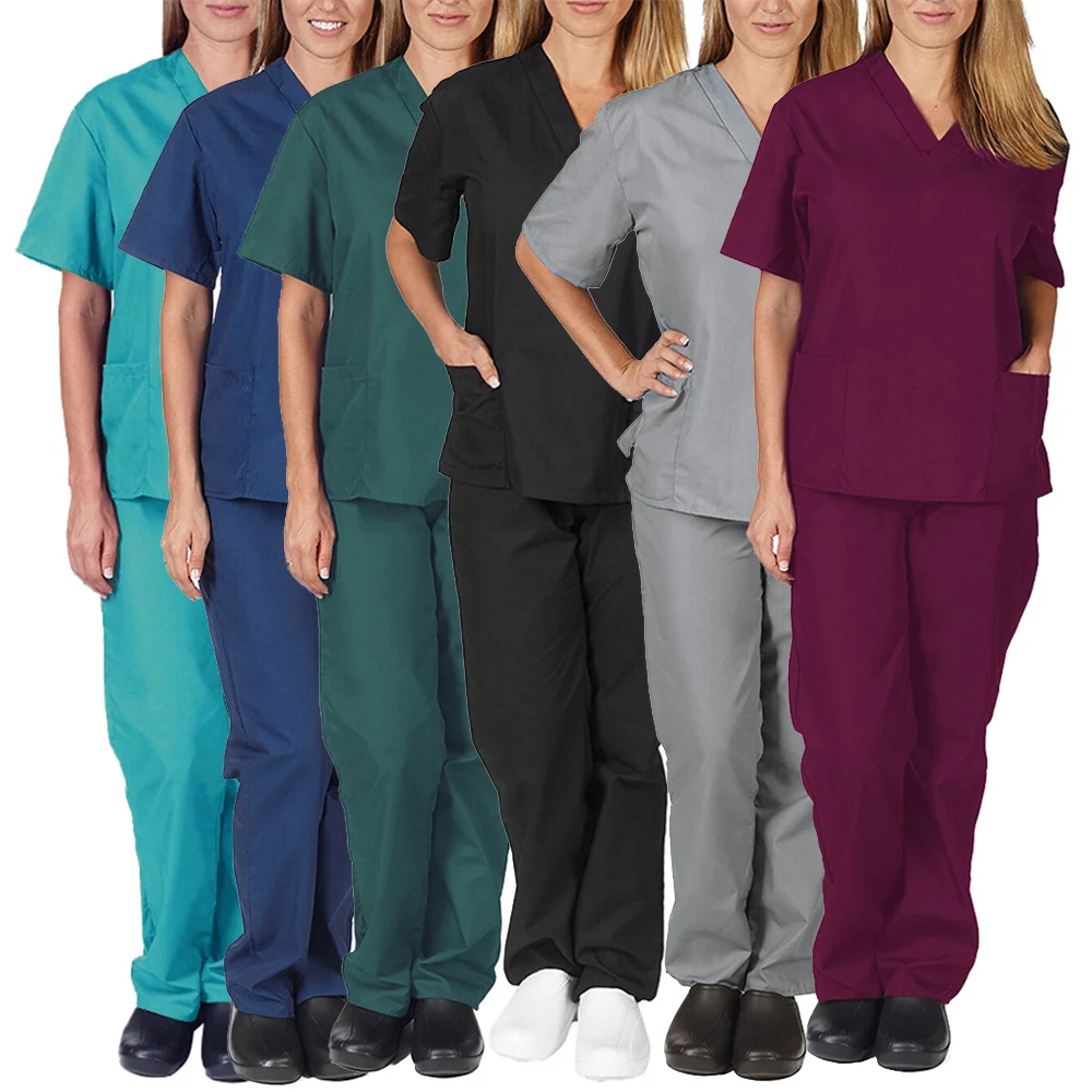 

Hospital Uniforms Medical Nursing Scrubs Uniform Short Sleeve Elasticity Tops Pants Uniforms Women Nurse Scrubs Sets wholesale, Black white blue green purple pink red