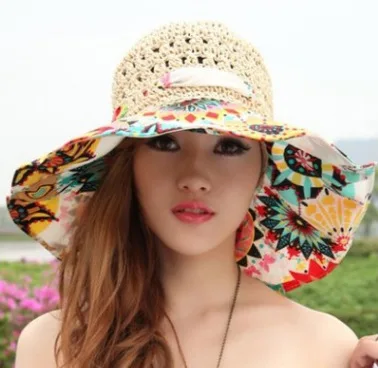 

N1533 Fashion Hook Printing Travel Hats Sun Women Sunshade Bowknot Straw Hat Summer Wide Brim Beach Floral Straw hat