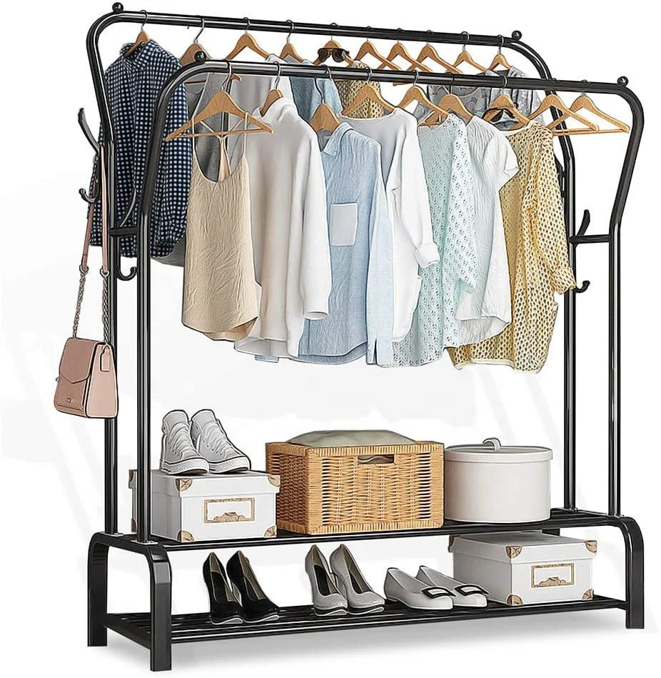 

Updated Clothing Garment Rack with Double Layers Shelves and Double Rails 4 Hooks Multi-Functional Bedroom Clothing Rack, Customized
