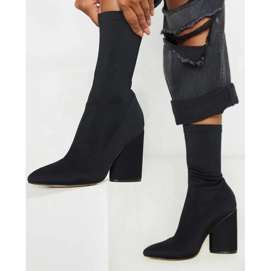 

Solid Black Lycra Upper Mid-Calf Slip-on Women Boots Winter Fashion Pointed Toe Boots Large Size 43 Chunky Heel Booties