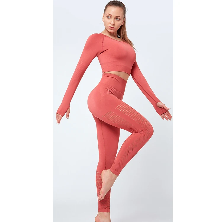 

Ins Fitness Running Popular Sports Long Sleeves Crop Top Vest Shirts Leggings Winter Seamless Women's 2pcs Yoga Suit, 6 colors