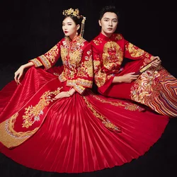 Hand Dragon and phoenix embroidery bride groom wedding gown Chinese Traditional clothes for wedding