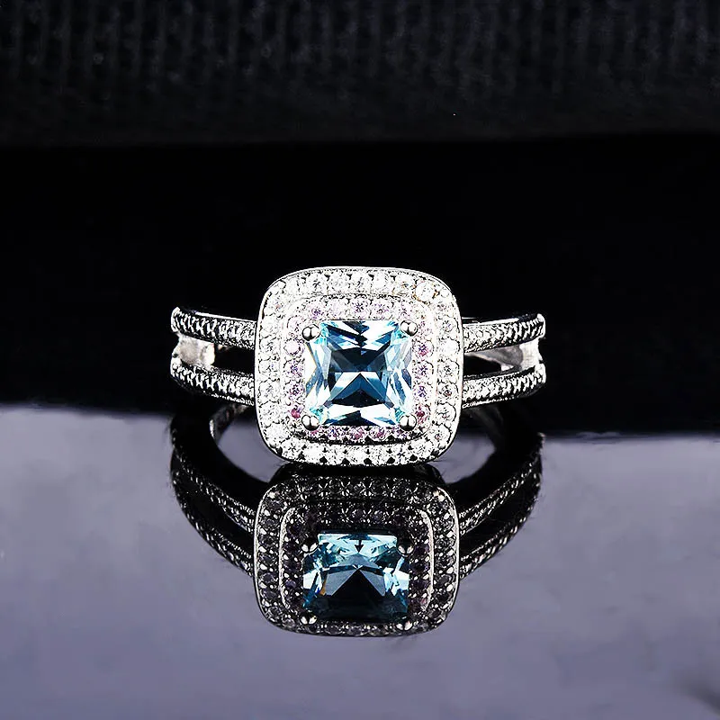 

925 Sterling Silver Color Womens Ring Blue Topaz Style White Moissanite Diamond Gemstone Anillos de Mujer Jewelry Rings Amazon