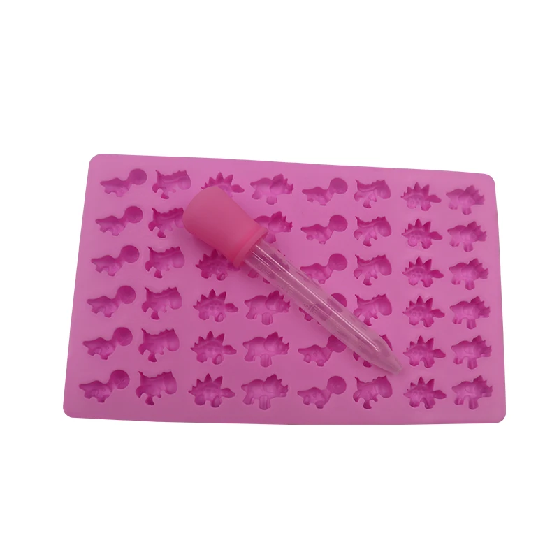 

Wholesale Food Grade Silicone Dinosaur Shape Silicone Chocolate / Candy / Ice Tray Mold With Dropper Pipette, Pink ,blue ,red , purple, green