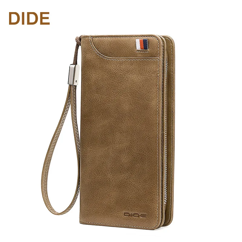 

China Supplier Long type Mens Wallet Genuine Leather can hold cell phone, Khaki/ dark brown