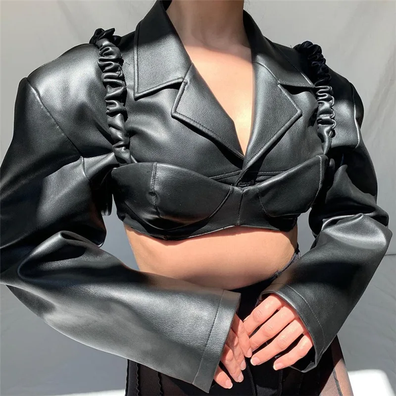 

New Arrivals Trending 2021 Fall Women Clothes Sexy PU Leather Top Punk Loose Solid Casual Ruffle Long Sleeve Crop Top Ladies, As pic show