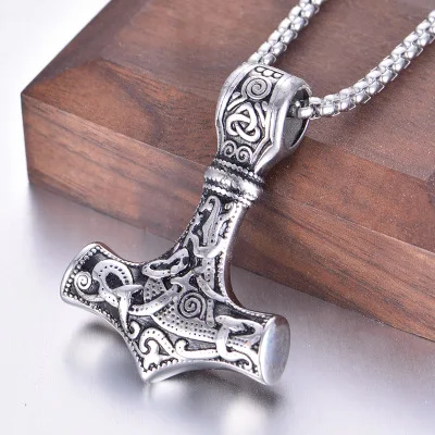 

Norse Viking Thor's Hammer Talisman Necklace, Stainless Steel Men Vintage Original Necklaces Nordic Viking Vegvisir Mjolnir