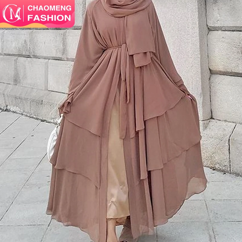 

1896# 3 Layer Chiffon Solid Open Abaya Kimono Dubai Turkey Kaftan Cardigan Muslim Dresses For Women Islamic Clothing, 9 colors