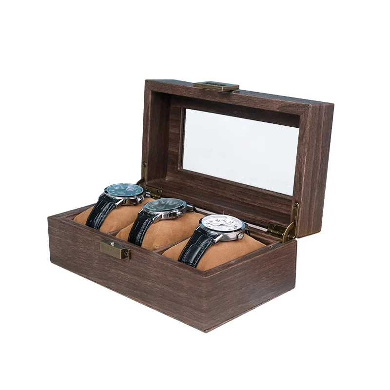 

Wholesale Classical Luxury Leatherette Wood Grain Watch Display Box 3 Slot Pu Leather Watch Storage Case with Window