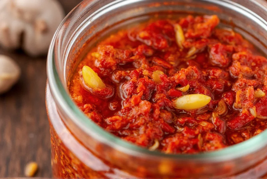 Close-up photography of Mr. Bing chili crisp in glass jar showing red chili flakes suspended in golden oil with visible garlic and shallot pieces