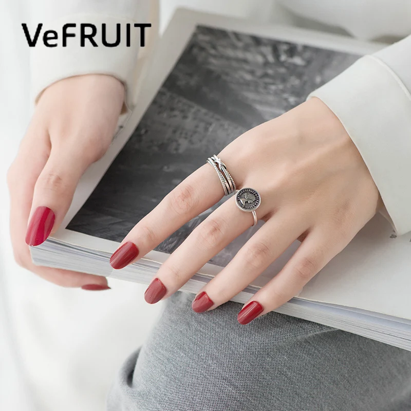 

VeFruit 925 sterling silver simple face English letters ring for women girl gifts fashion korean open ring elegant ins hot sale
