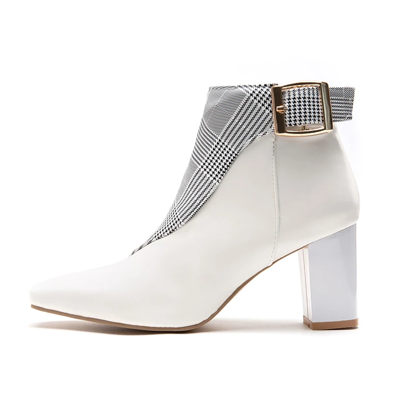 

Fashion Plaid Color Block Side Zipper Chunky Heel Women's Ankle Boots, White/black