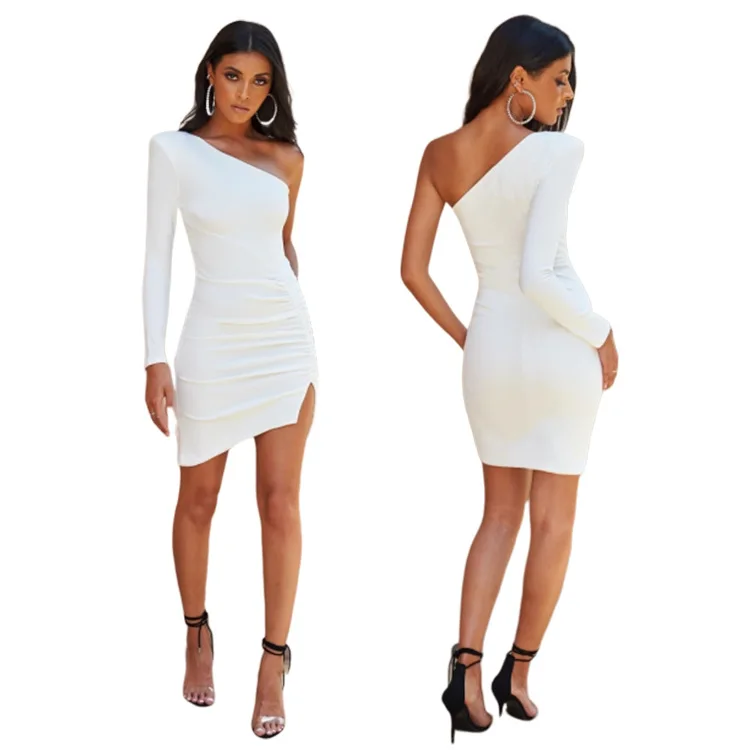 

women one shoulder solid color high waist ruched drawstring slit mini dress