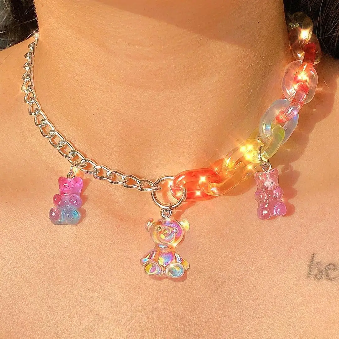 

Cute Shinny Bear Pendant Acrylic Necklace Candy Color Bear Jewelry for Girl Women