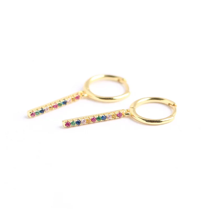 

Women Personalized S925 Sterling Silver Round Huggie Earring Inlay Colorful Rainbow Zircon Bar Stick Dangle Earring, As picture shows