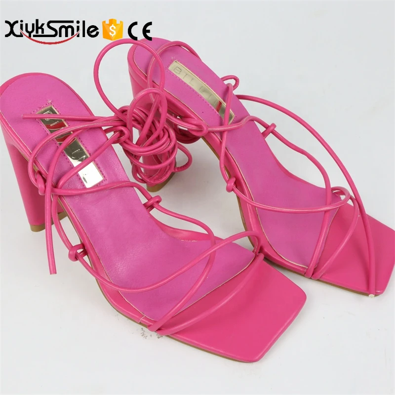

2022 new square head cross straps rose red high-heeled sandals women shoes summer women sandals
