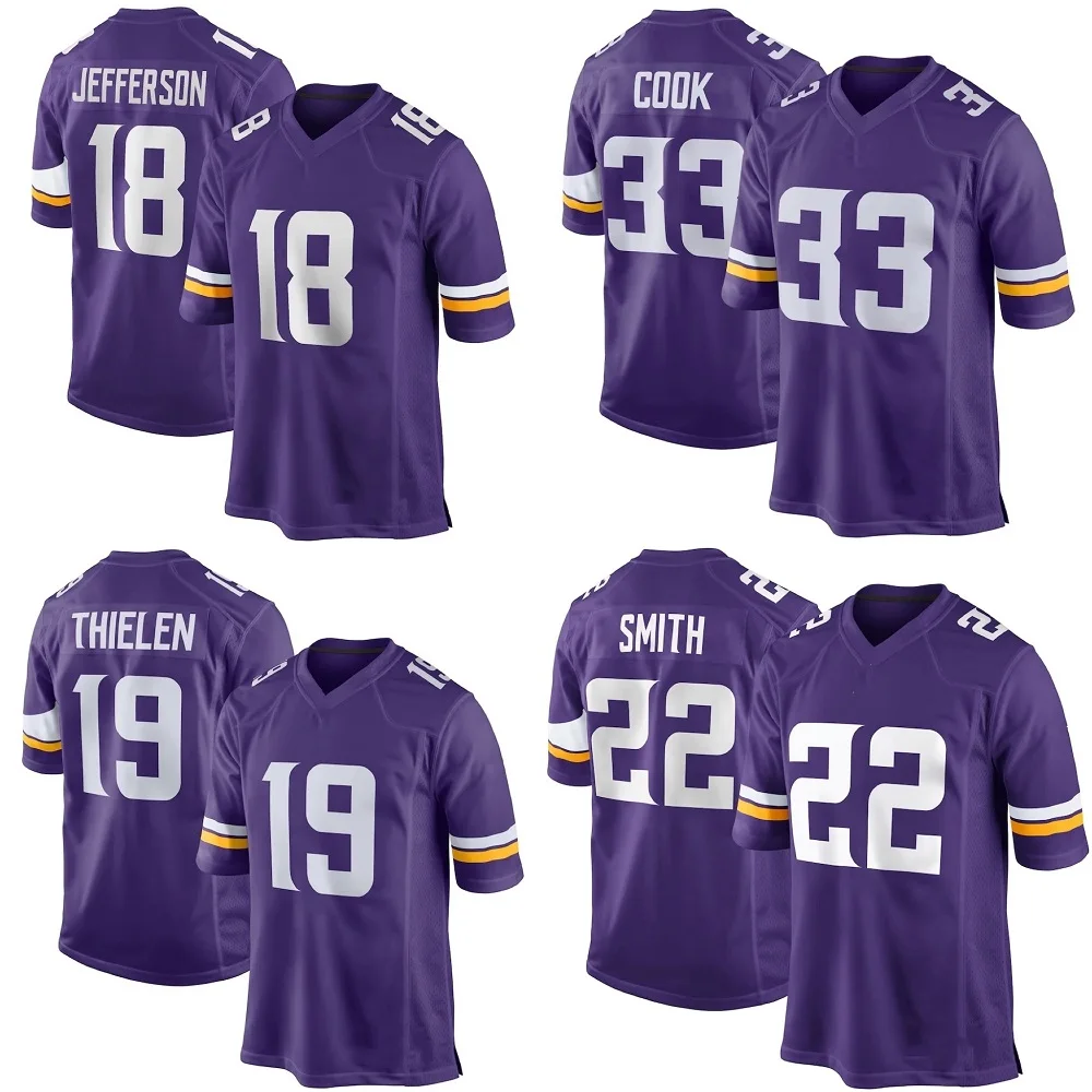 

Custom Minnesota City Team Club Uniform Stitched American Football Jersey Viking Purple Game 18 Jefferson 33 Cook 19 Thielen