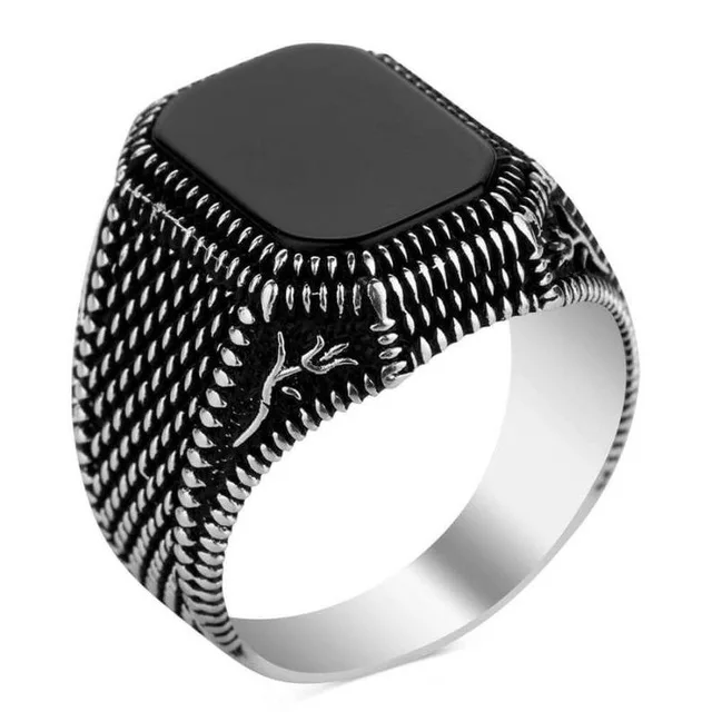 

925 silver hot retro Natural Black Agate square men's ring factory wholesale