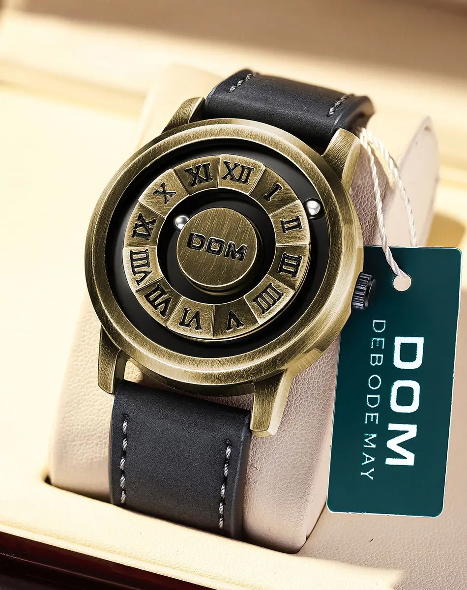 DOM Watch for Men Fashion New Dial Magnetic Ball Rolling Pointer Quartz Watches Mens Black Leather Strap Waterproof Wristwatch