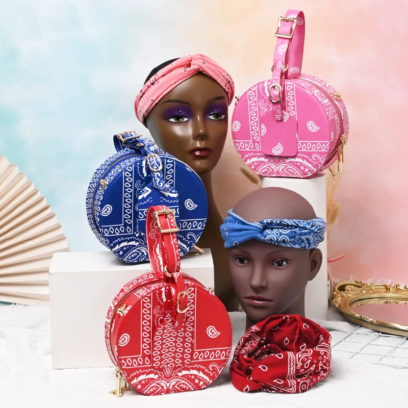 

Handbags Wholesale Fashion Designer Bags Handbags Women Custom Bandana Print Shoulder Tote Round Bags and HairScarf Set, 8 colors