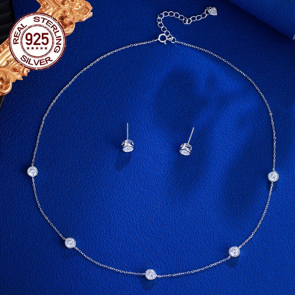 Fine Jewelry Shimmering Bezel Setting Cubic Zircon Necklace and Stud Earrings Women 925 Sterling Silver Chain Jewelry Set