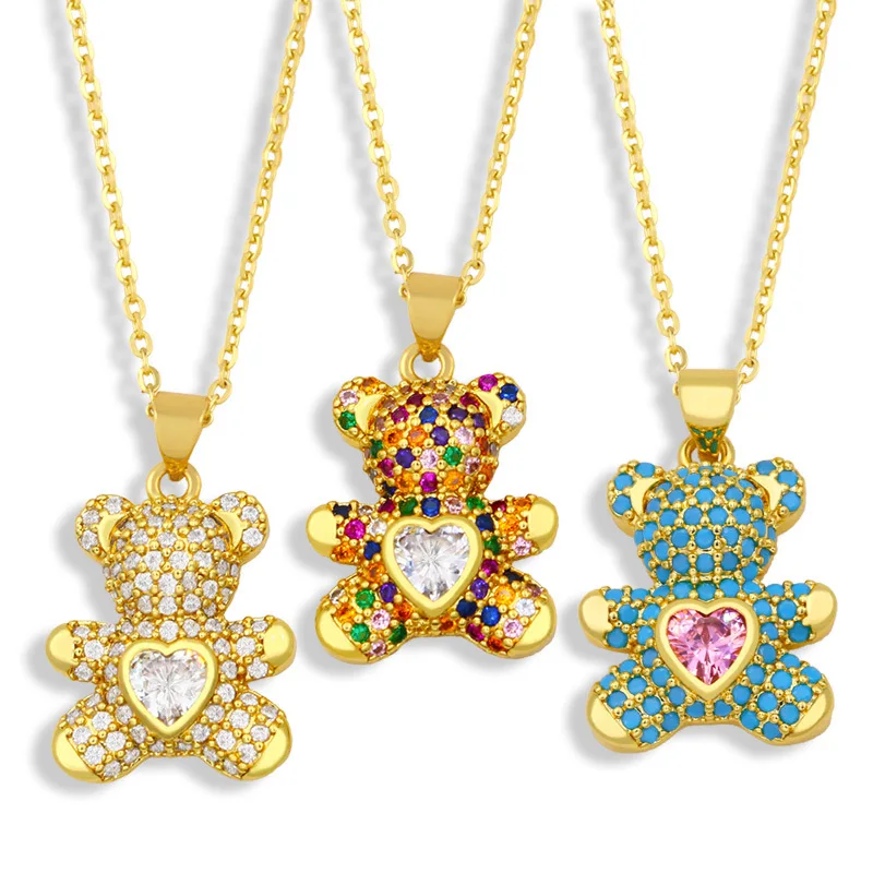 

Sample Available Gold Plated Colorful Cubic Zircon Crystal Necklace Cute Teddy Bear Pendant Chain Necklace, Gold/silver