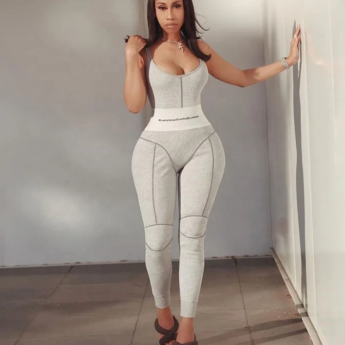 

X01249C women letter print long Jumpsuits sport wear skinny fitness sexy sleeveless striped backless streetwear active, Black