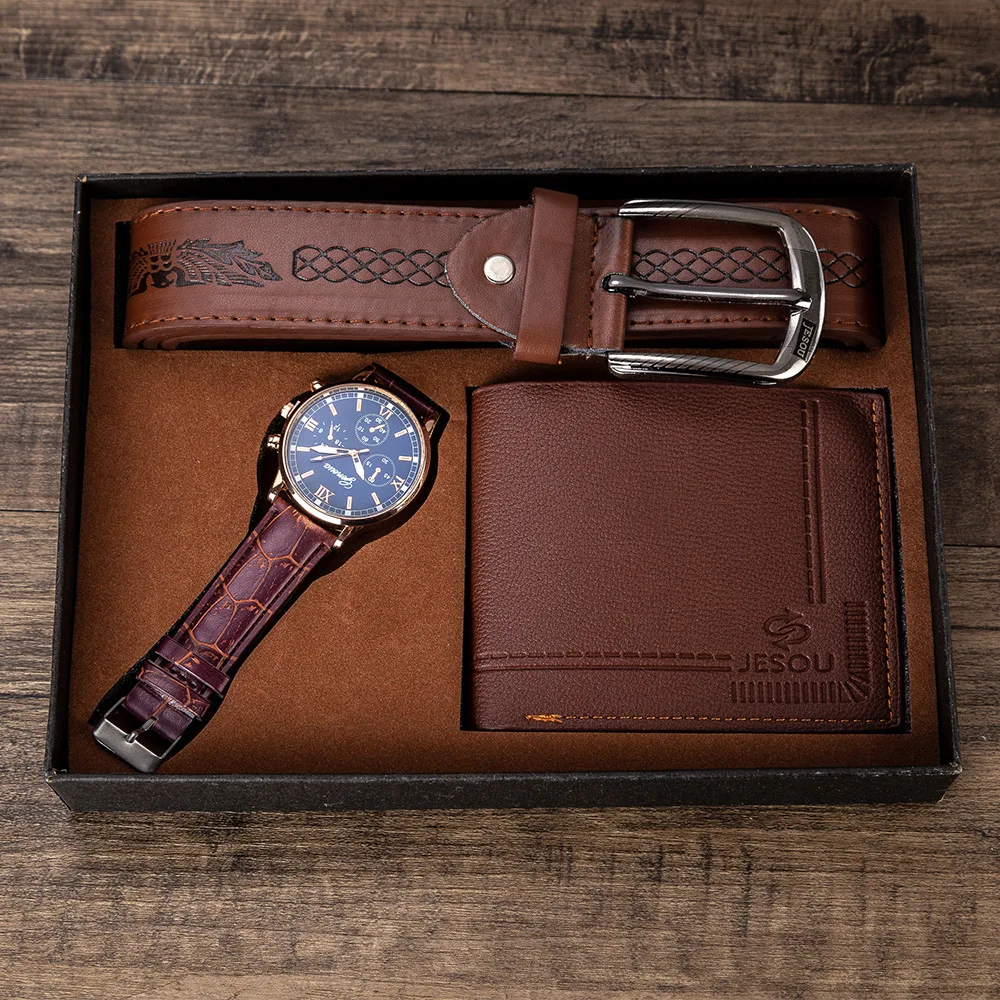 

Exquisite gift wallet sets fashion brown belt pen electronic watch with men leather wallet set