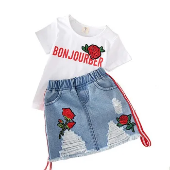 

Kids Clothes White T-shirt Denim Skirt 2pcs Girls Suits Casual Little Girl Outfits Letter Flower Children Sets