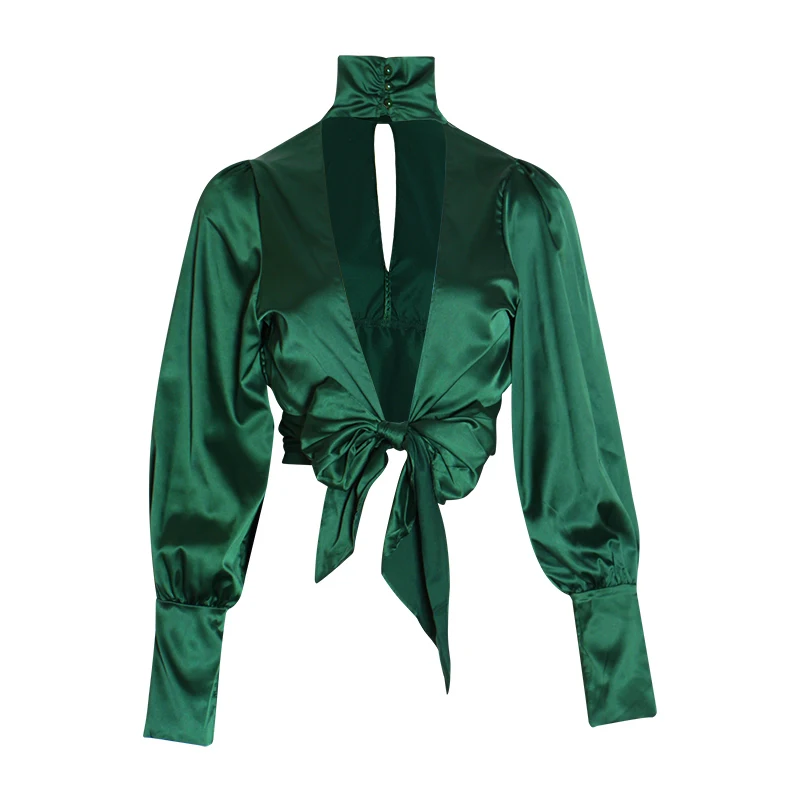 

CHICEVER Lace Up Bowknot Shirt Stand Collar Lantern Sleeve Sexy Crop Top Women Backless Blouse