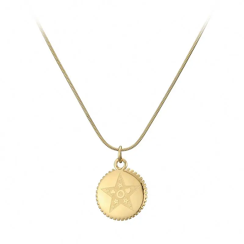 

French Magic Lucky Star 14K Gold Plating Stainless Steel Small Heart Pattern Pendant Necklace, 14k gold plating color