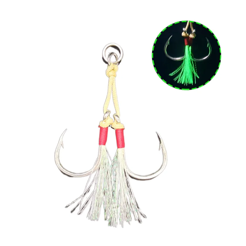 

Top Right Fh101 High Quality Sea Double Assist Jigging Hook With Cord And Solid Ring, As show
