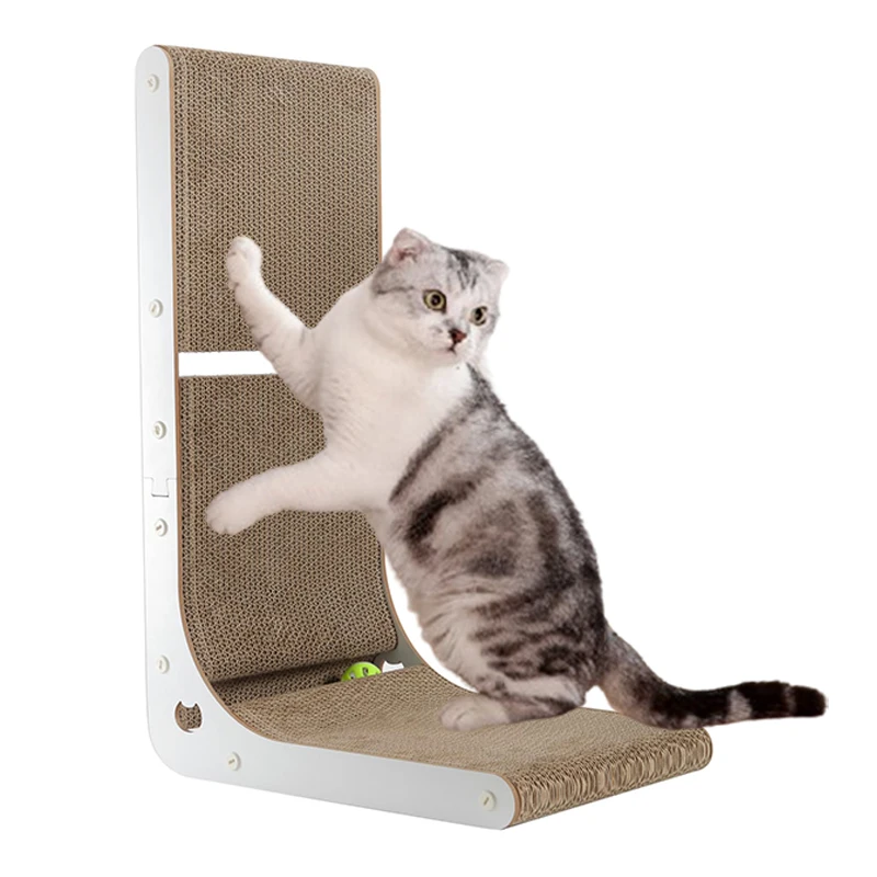 

Cardboard Cat Scratcher Vertical Cat Scratching Board L-Shape Indoor Cat Scratch Pads with Built-in Catnip Toy Balls Wall-Mount