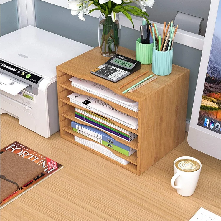 
Bamboo Desk File Sorter Organizer, All-Purpose Document Letter Mail Tray Sorter with 4 Adjustable Shelves Home Office, Natural 