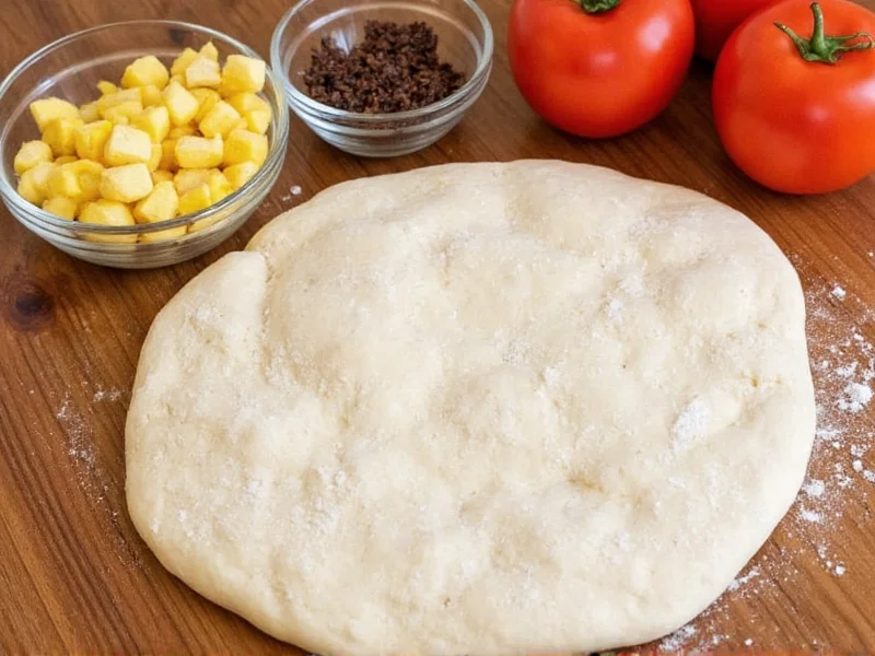 Yeast-free pizza dough ingredients on wooden table
