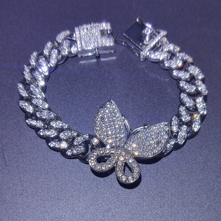 

Wholesale Micro Pave Bling Bling Ice 12mm Butterfly Cuban Chains Necklace Women and Men