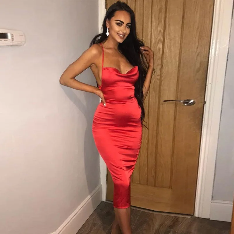 

Spaghetti Strap Satin Sexy Bandcon Dress Women Backless Bandage Pencil Summer Dresses Casual Party Club Y12712