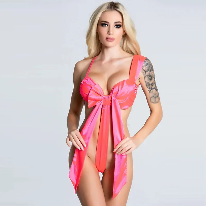 

Valentine's Adult Sexy Three-point One-piece Satin Bow Teddy, Red/black/hot pink