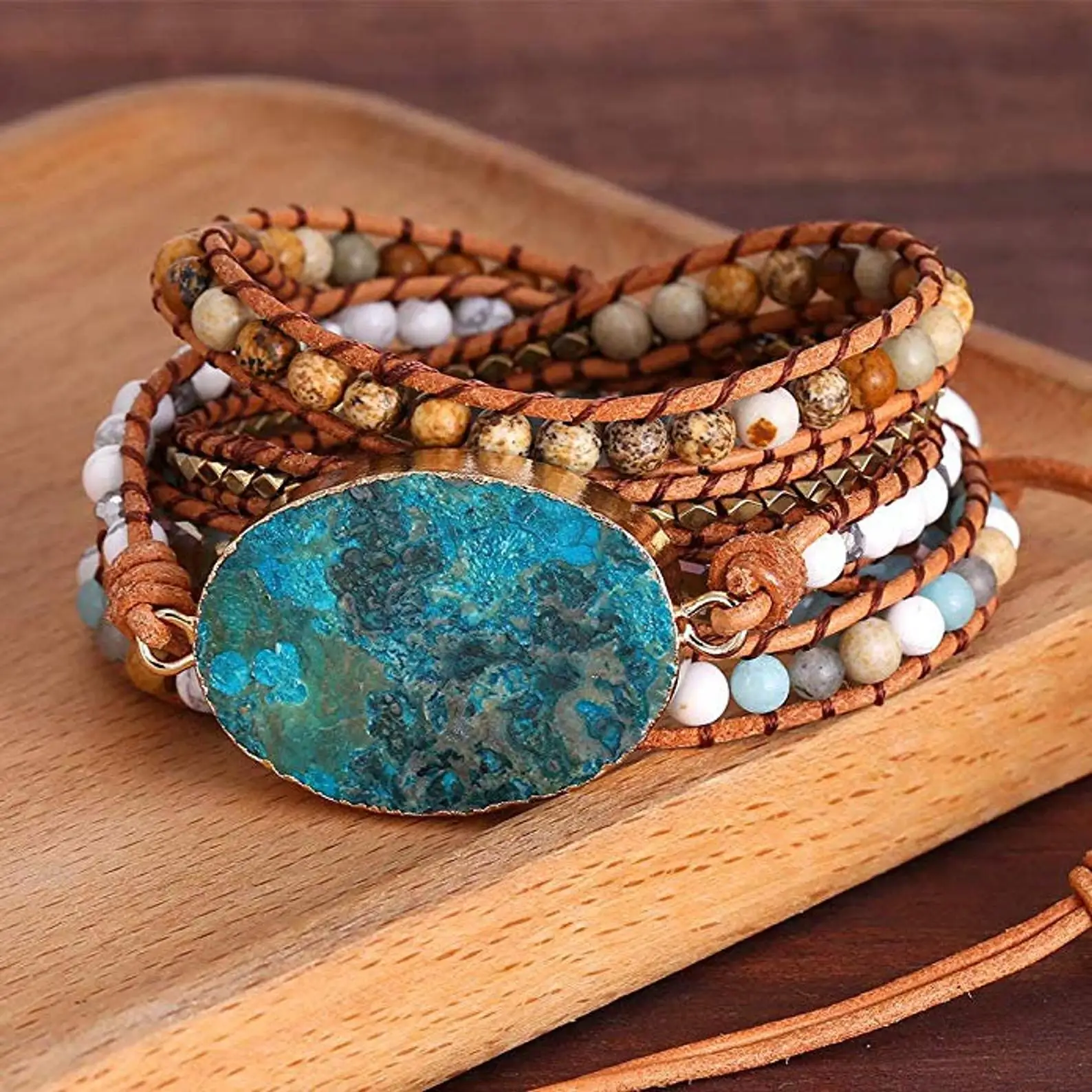 

Healing Huge Ocean Jasper Leather Beaded Wrap Gemstone Bracelet Unique Mixed Natural Stones Bracelet