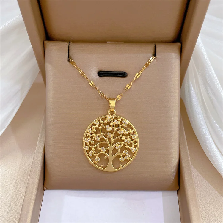 

Wholesale New Titanium Steel Dainty 18k Gold Plated Luxury Women Diamond Tree Pendent Necklace