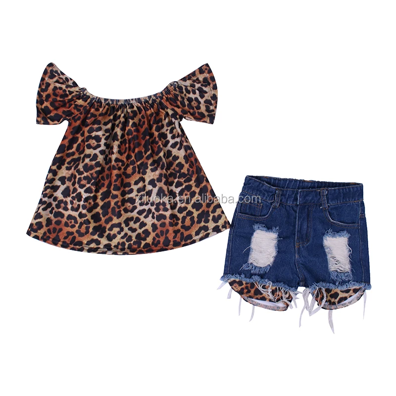 

Latest Design Leopard Baby Girls Set Two Piece Set Denim Short Kids Clothes, Picture